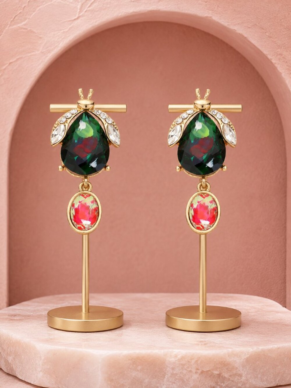 Emerald Green Stone Beetle Bug Earrings Gold Plated - Retail Sample Sale in NYC